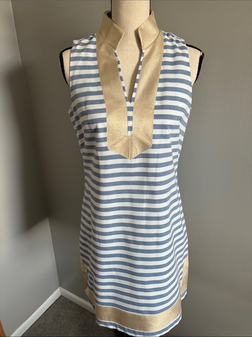 Jessica Howard Blue & White Striped Mini Dress with Gold Trim